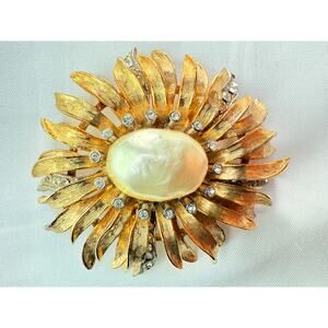 Vintage ART Brooch Signed Sunflower Faux Pearl Rhinestone Pin 1960s